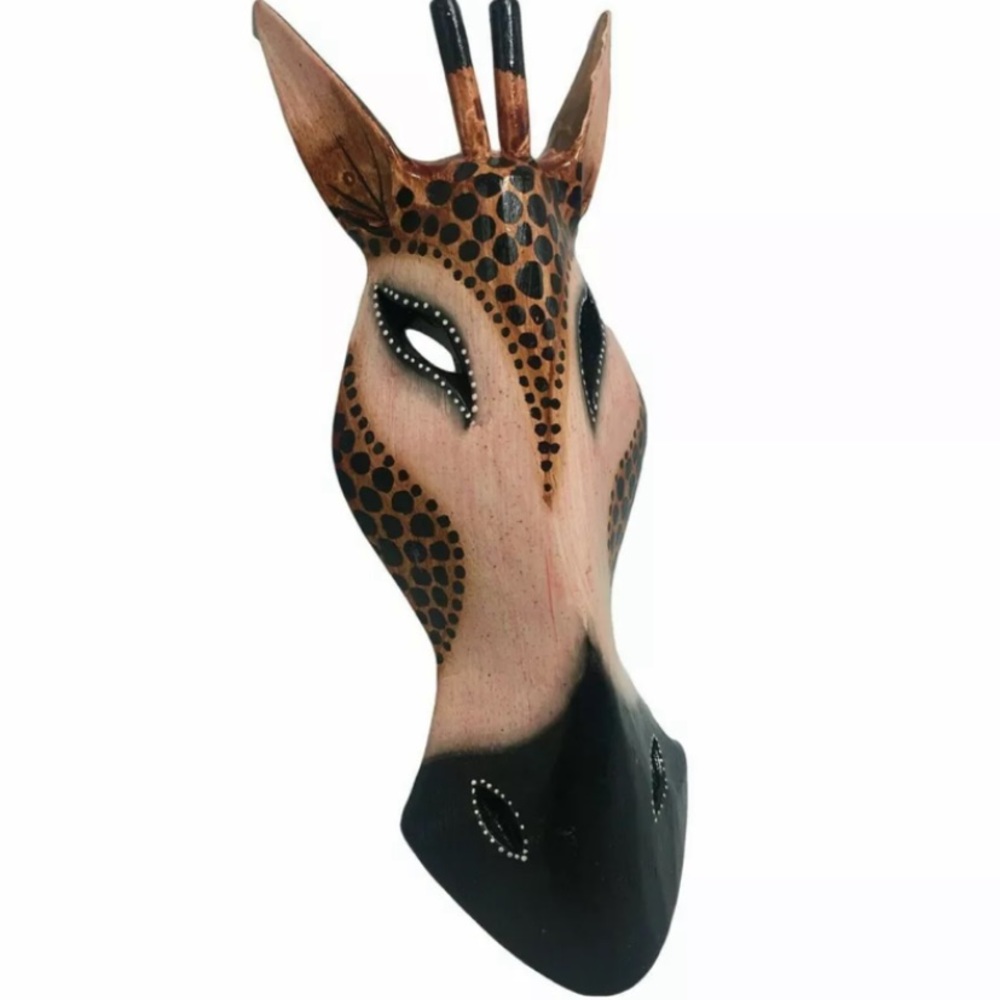 African Safari Hand Carved Giraffe Wooden Mask Wall Hanging Art Sculpture 12”H
